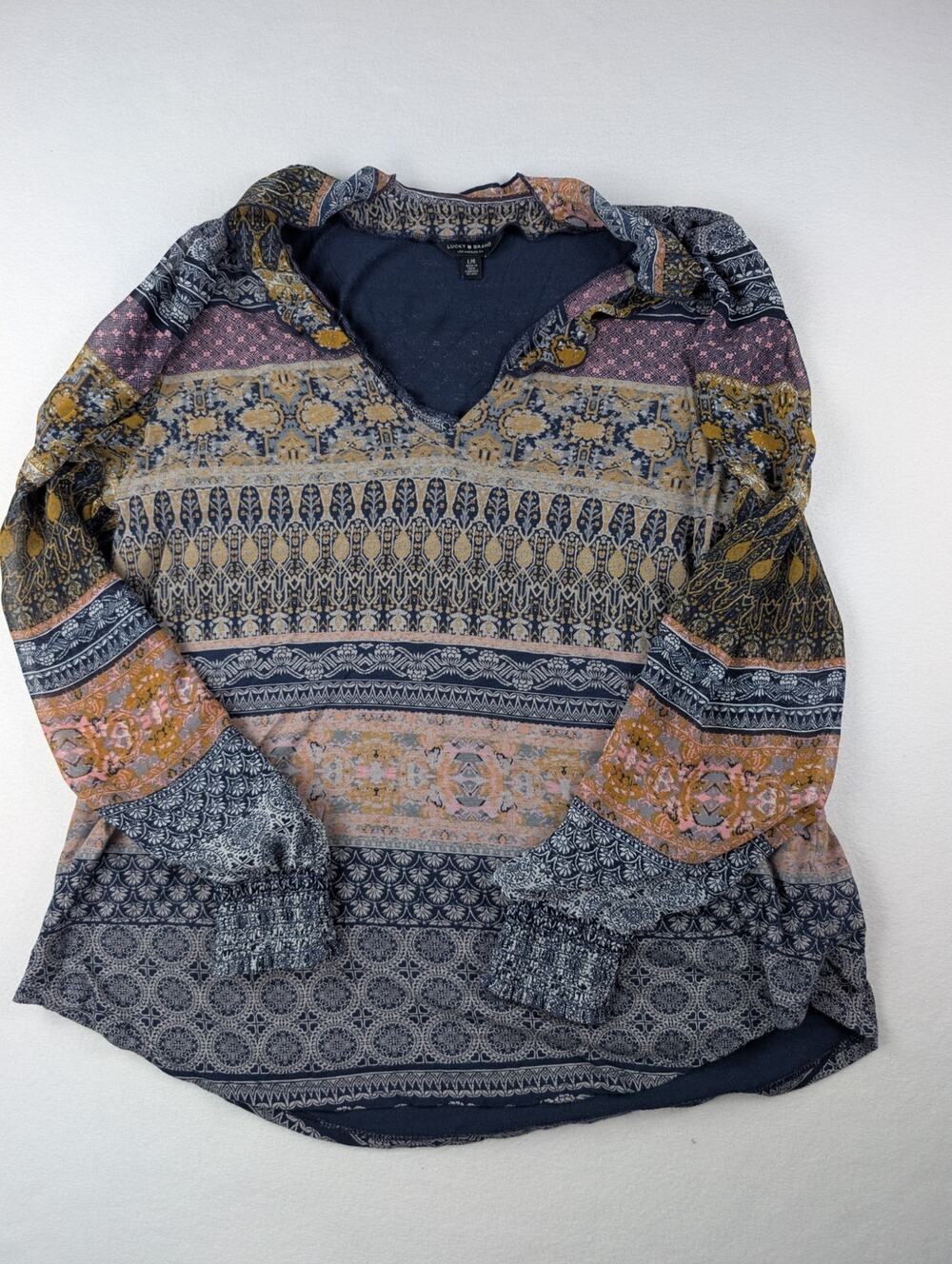 Lucky Brand Boho Patchwork Print Hooded Pullover Top Women’s L/G Y2K